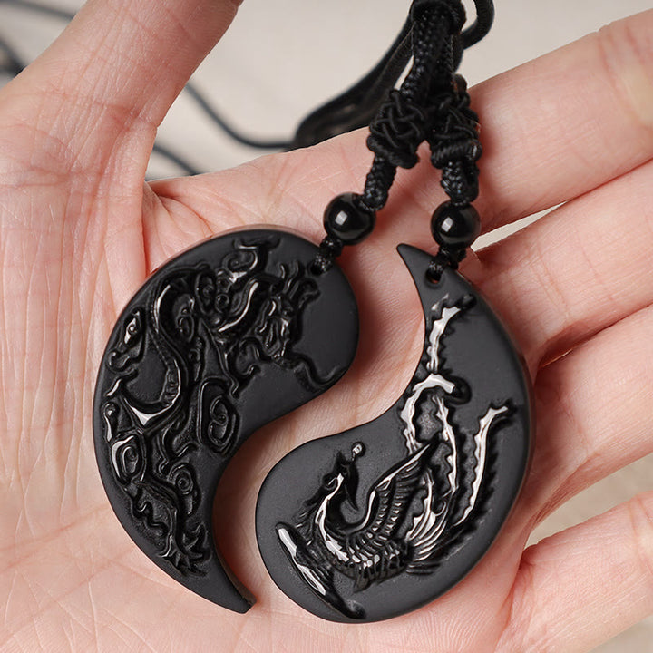 Buddha Stones, schwarzer Obsidian, Yin-Yang-Drache, Phönix, Glücks-Halsketten-Anhänger