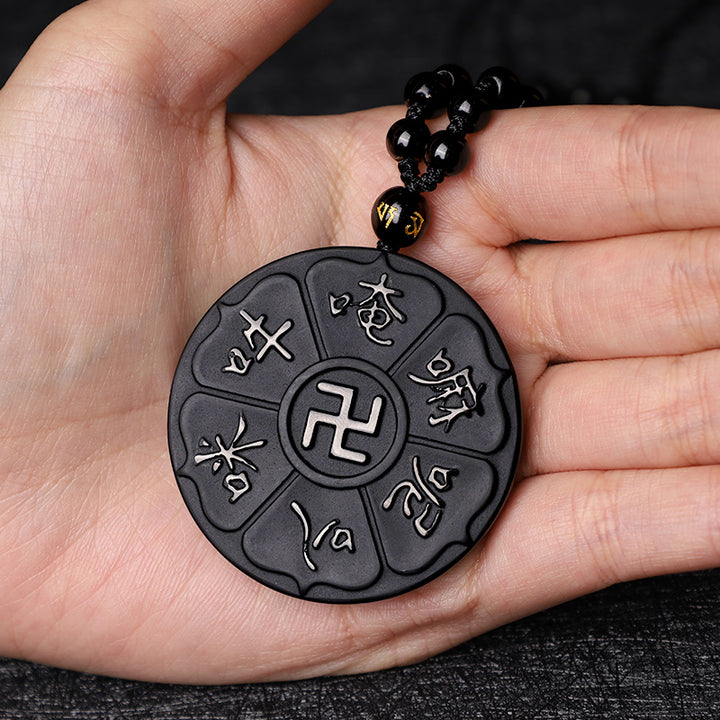 Buddha Stones Halskette, natürlicher schwarzer Obsidian, tibetisches Om Mani Padme Hum Buddha Hakenkreuz, Glück