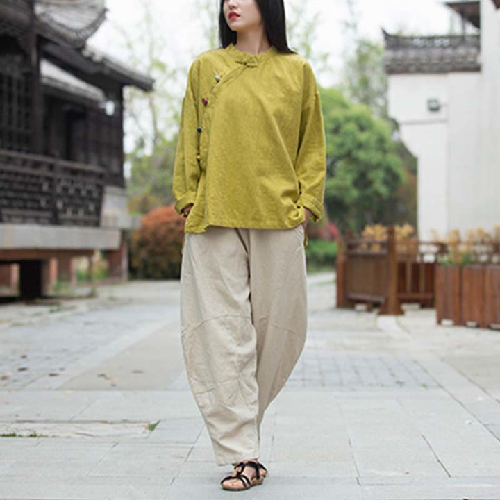 Buddha Stones Ramie Leinen Bluse Damen Shirt Top Chinesische Hanfu Stil Kleidung