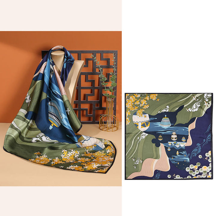 Halstuch mit Buddha Stonesn, pastorale Szene, Heißluftballon, Frühlingsblüten, 100 % Maulbeerseide - image 9