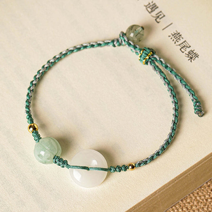 Buddha Stones Geflochtenes Armband mit Friedensschnalle aus weißem Jade, Kürbisperle und Glücksbringer - image 6