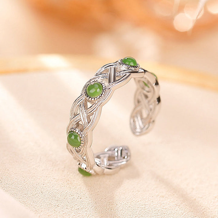 Verstellbarer Ring mit Buddha Stonesn, 925er-Sterlingsilber, vergoldet, Cyan-Jade, geflochtenes Design, Erfolg, Glück - Silber - image 9