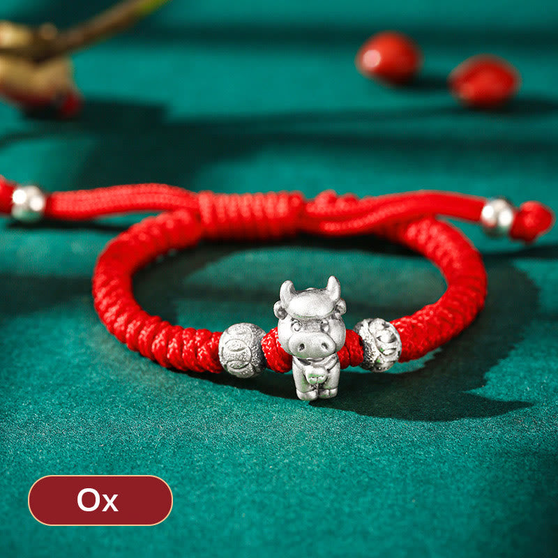 Buddha Stones 999 Sterling Silber Chinesisches Sternzeichen Rotes Seil Glück Handgefertigtes Kinderarmband - Ochse (Armbandgröße 12+4cm) - image 6