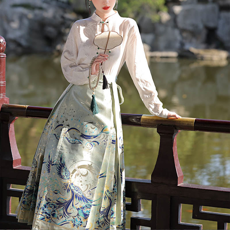 Buddha-Steine, grüner Phönix, bedruckt, chinesischer Hanfu-Rock mit Pferdegesicht, Mamianqun