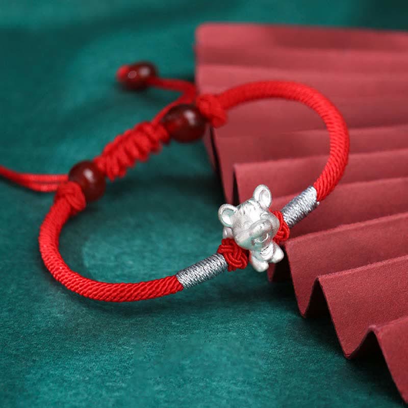 Buddha Stones Armband aus 999er-Sterlingsilber, chinesisches Sternzeichen, Glück, Stärke, rote Schnur - Ratte (Armbandgröße 15,5 cm + 8 cm) - image 2