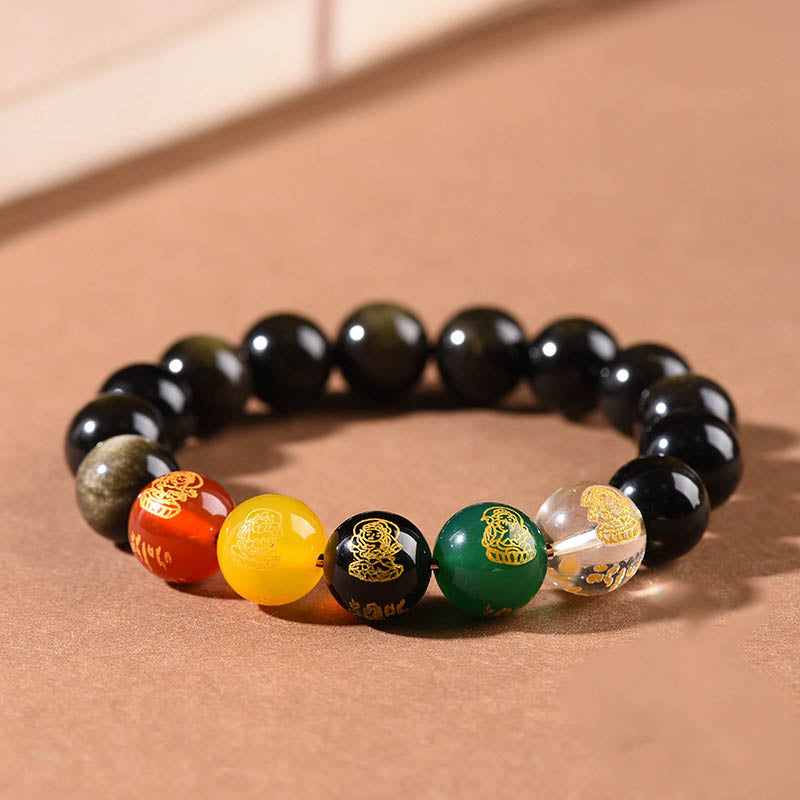 Buddha Stones Armband Gods of Wealth, goldglänzender Obsidian, Regenbogenobsidian, schwarzer Obsidian, Five Directions