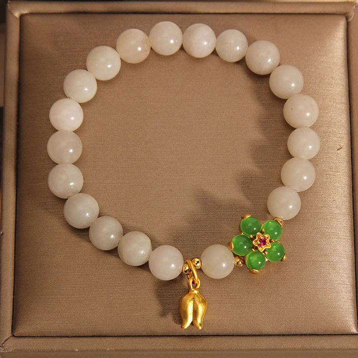 Buddha Stones Armband mit Glücksbringer, natürliche Jade, grüne Blume, Maiglöckchen