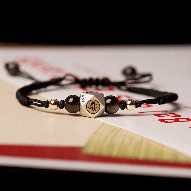 Buddha Stones Handgefertigtes geflochtenes Armband aus 925er-Sterlingsilber, chinesisches Sternzeichen, Natal-Buddha, Zinnober, Ruhe - Schwarzes, dickes Seil (Handgelenkumfang 14-17 cm) - Hund/Schwein-Amitabha Buddha - image 3