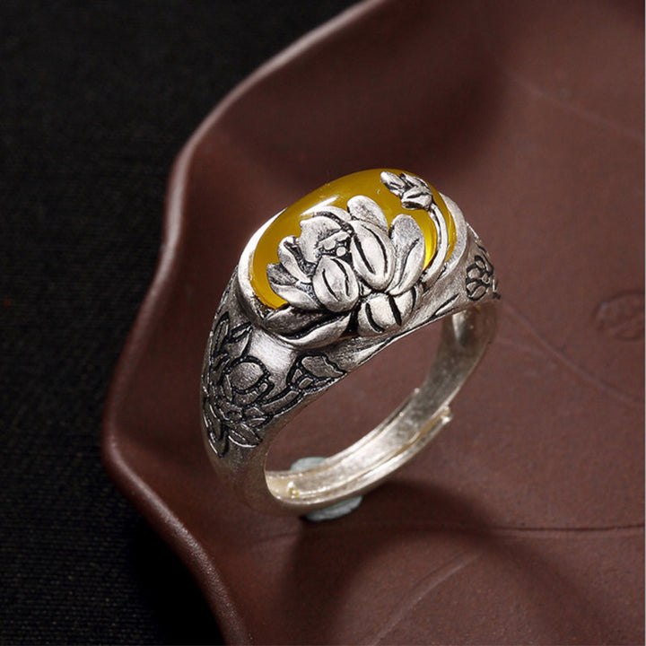 Buddha Stones Citrin Lotus Segen Schutz verstellbarer Ring