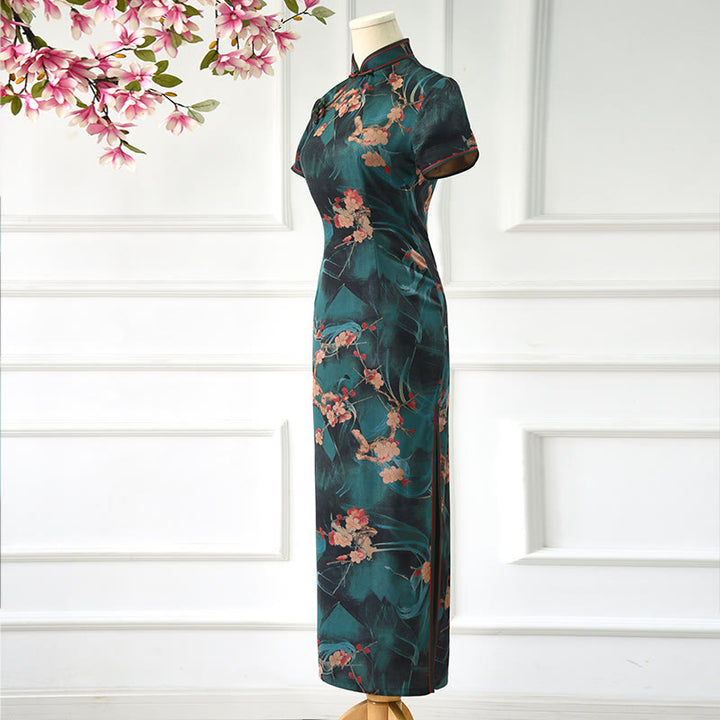 Buddha Stones Vintage Rosa Blumen Print Cheongsam Kleid Damen Qipao Kleid