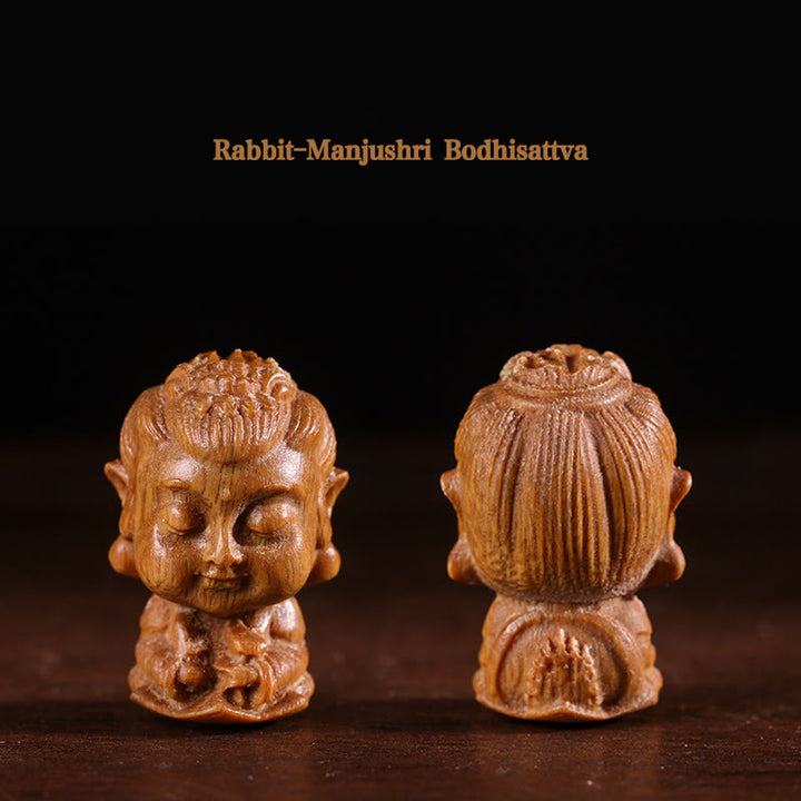 Buddha Stones Chinesisches Tierkreiszeichen, Buddha, Lotusblume aus grünem Sandelholz, graviert, positive Heimdekoration - Rabbit-Manjushri Bodhisattva - image 5