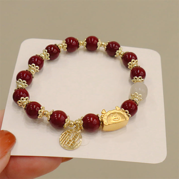 Buddha Stones, Jahr des Drachen, roter Achat, Erdbeerquarz, schwarzer Obsidian, Jade, Granat, Perle, Zinnober, Knödel, Drache, Glück, Fu, Charakter-Armband - Zinnober (Handgelenkumfang 14–19 cm) - image 33