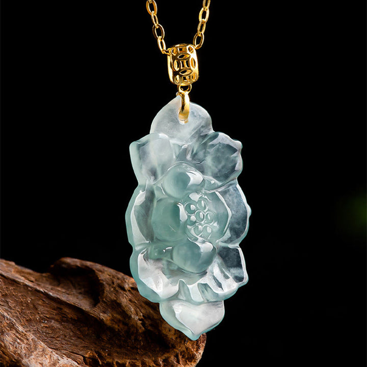 Buddha Stones 18K Gold natürliche Jade Lotus Muster Wohlstand Halskette Anhänger - image 4
