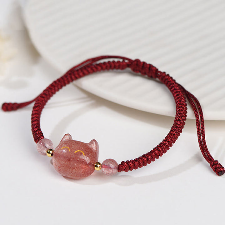 Buddha Stones Handgefertigtes, natürliches, silberglänzendes Obsidian-Erdbeerquarz-Armband mit niedlichem Katzenschutz - image 10