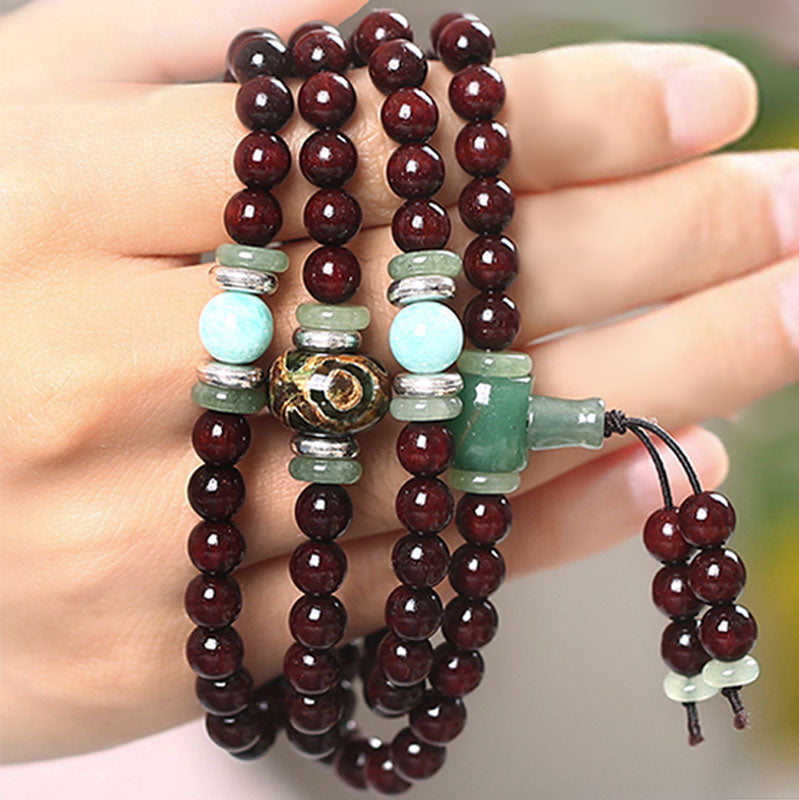 Buddha Stones 108 Perlen grüner Kleines Blatt Rotes Sandelholz Aventurin Amazonit Glück Heilung Armband Mala