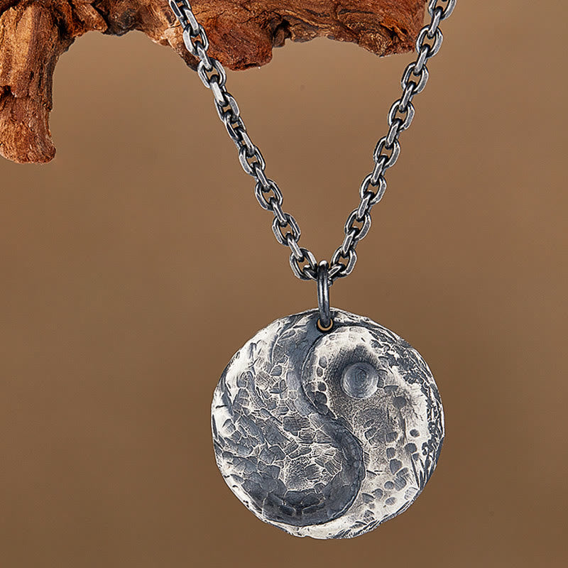 Buddha Stones 990 Sterling Silber Yin Yang Hammer Textur Harmony Halskette Anhänger - image 1