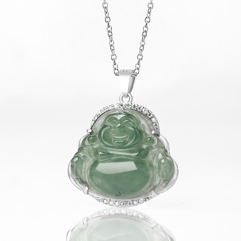 Buddha Stones 925 Sterling Silber Lachender Buddha Natürliche Jade Glück Wohlstand Halskette Kettenanhänger - image 5