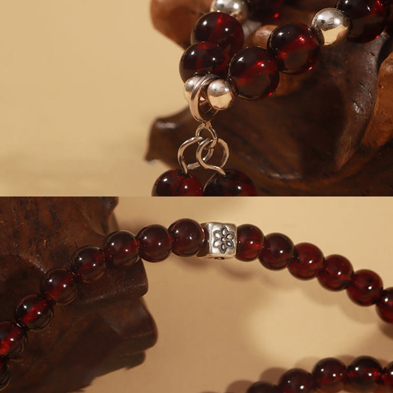 Buddha Stones 925 Sterling Silber Natürlicher Granat Katzenaugenschutz Dreifach gewickeltes Armband - image 5