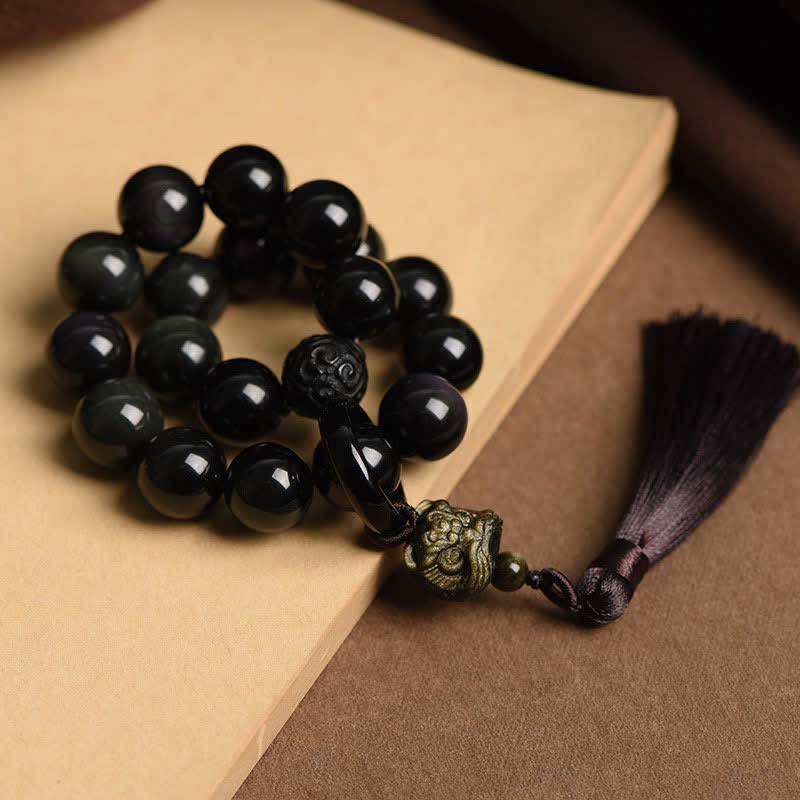 Buddha Stones, natürlicher schwarzer Obsidian, Löwe, Handgelenk-Mala, Schutzquasten, Taschen-Mala, Auto-Dekoration