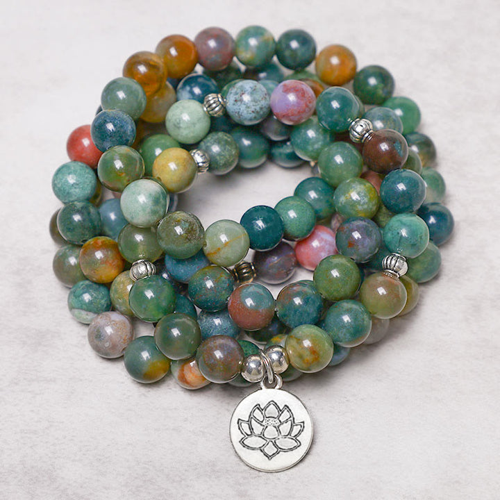Buddha Stones, 108 Mala-Perlen, indischer Achat, Lotus, OM, Buddha, Baum des Lebens, positives, ruhiges Armband