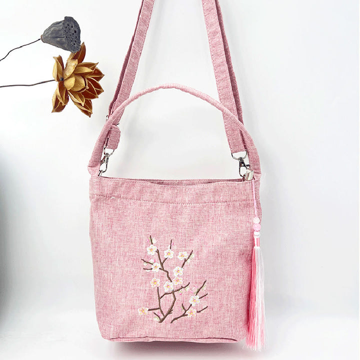 Buddha Stones Stickerei Wisteria Pflaume Lotus Kirschblüte Baumwolle Leinen Canvas Tote Umhängetasche Schultertasche Handtasche