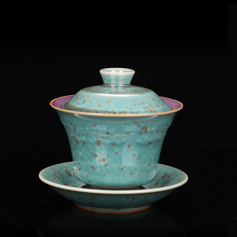 Buddha Stones Retro Glasur Ofenwechsel Keramik Gaiwan Sancai Teetasse Kung Fu Teetasse und Untertasse mit Deckel - Grüner Stil (Farbe und Glasur können variieren) - 9,8 cm × 9 cm × 150 ml - image 18