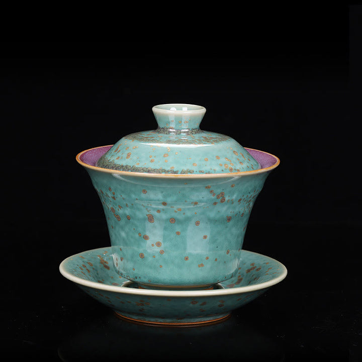 Buddha Stones Retro Glasur Ofenwechsel Keramik Gaiwan Sancai Teetasse Kung Fu Teetasse und Untertasse mit Deckel - Grüner Stil (Farbe und Glasur können variieren) - 9,8 cm × 9 cm × 150 ml - image 18