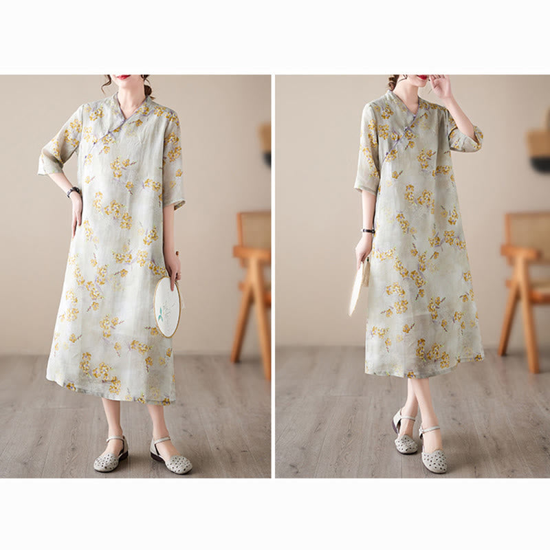 Buddha Stones – Cheongsam-Midikleid mit gelbem Blumen-Print, Baumwollleinen, Halbarmkleid mit Taschen