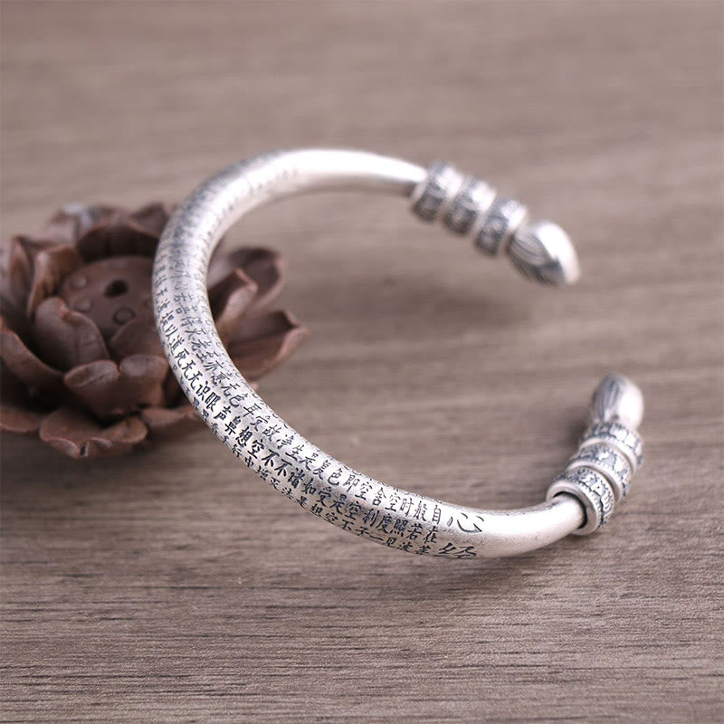 Buddha Stones 999 Sterling Silber Herz Sutra Om Mani Padme Hum Gravur Frieden Reinheit Armband Armreif - 999 Sterlingsilber - image 0