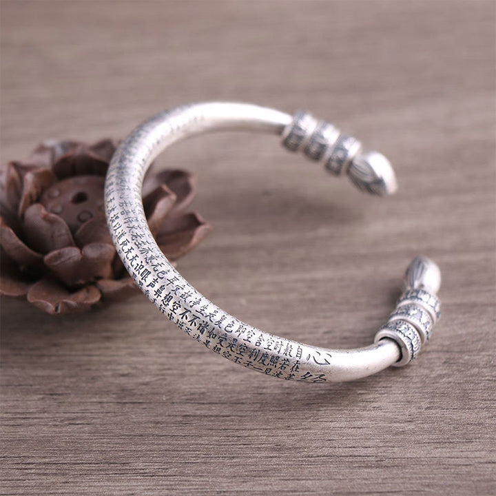 Buddha Stones 999 Sterling Silber Herz Sutra Om Mani Padme Hum Gravur Frieden Reinheit Armband Armreif - 999 Sterlingsilber - image 0