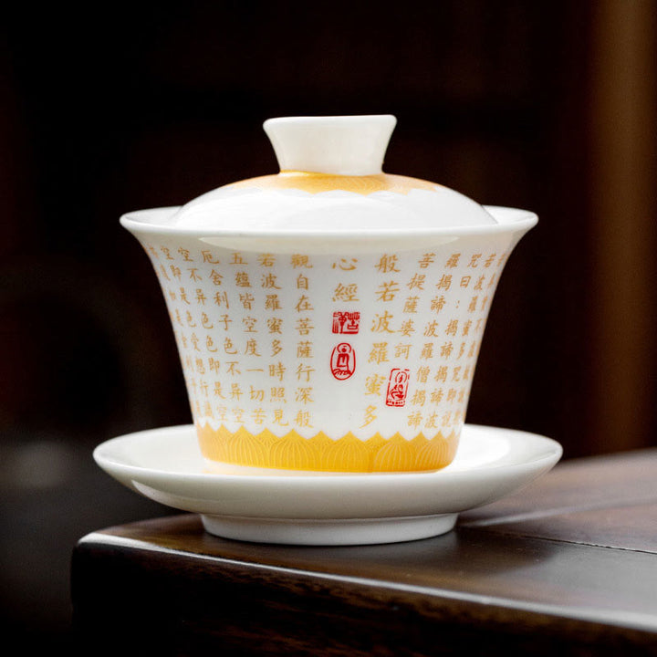 Buddha-Steine, buddhistisches Herz-Sutra, kleine Fu-Figur, Keramik-Gaiwan-Teetasse, Kung-Fu-Teetasse und Untertasse mit Deckel