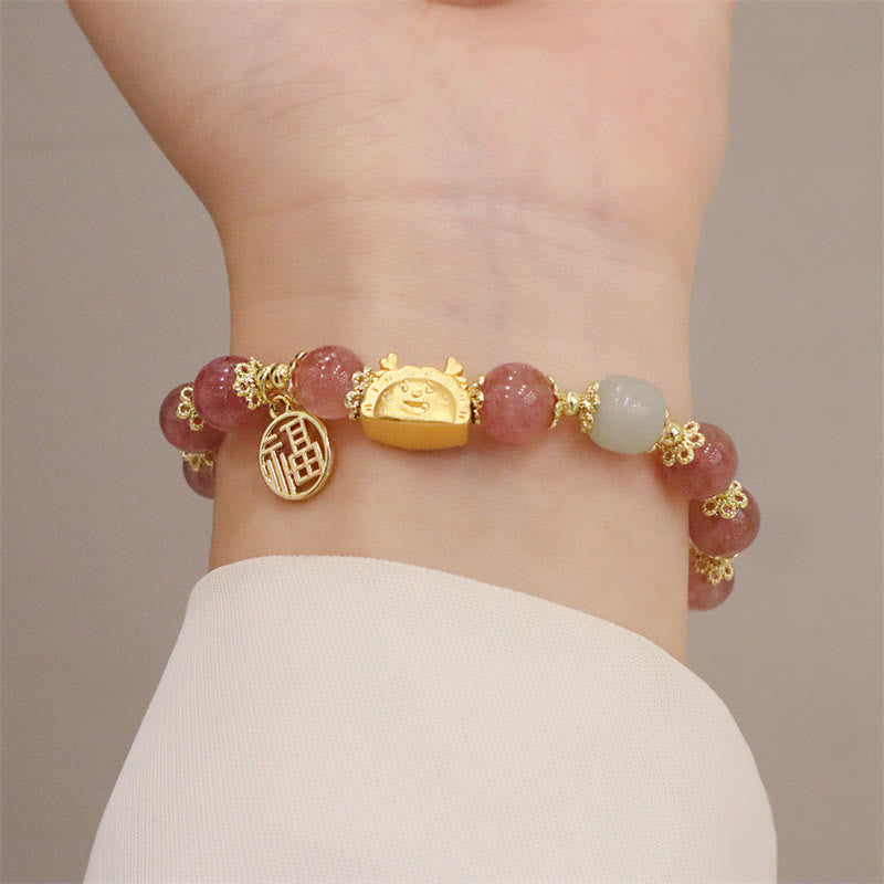 Buddha Stones, Jahr des Drachen, roter Achat, Erdbeerquarz, schwarzer Obsidian, Jade, Granat, Perle, Zinnober, Knödel, Drache, Glück, Fu, Charakter-Armband - image 12