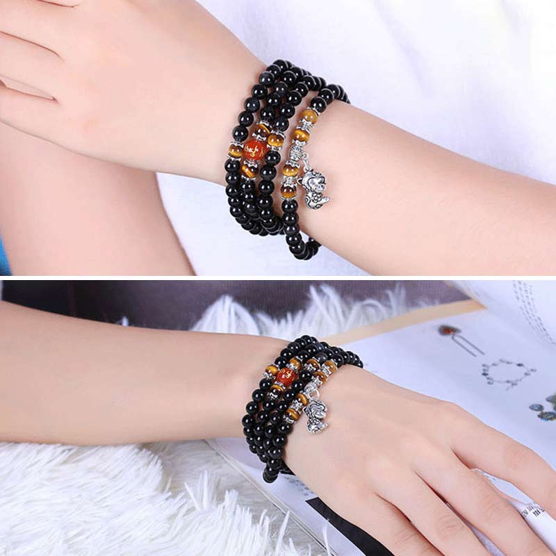 Chinesisches Sternzeichen 108 Perlen schwarzes Obsidian-Tigerauge-Glücks-Mala-Armband