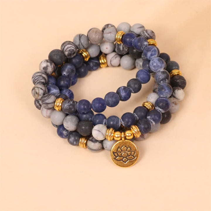 Buddha Stones 108 Mala Perlen Sodalith Zebra Jaspis Kristall Lotus Stärke Armband