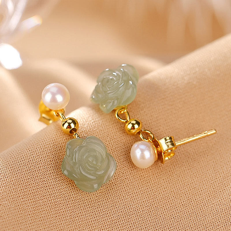 Buddha Stones 925 Sterling Silber vergoldet Jade Rose Blume Cyan Jade Perle Glück Ohrringe - image 12