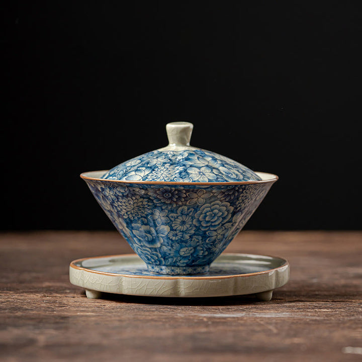 Buddha Stones Vintage Blaues und Weiß Porzellan Pfirsichblüte Lotus Pfingstrose Keramik Gaiwan Sancai Teetasse Kung Fu Teetasse und Untertasse mit Deckel - 10,2 cm × 8,8 cm × 130 ml (Untertasse 11,4 cm) - image 13
