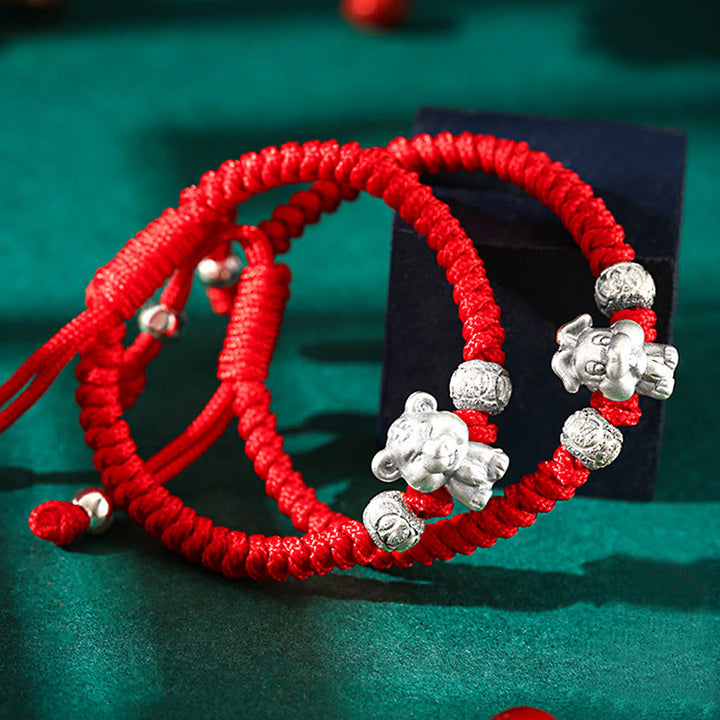 Buddha Stones 999 Sterling Silber Chinesisches Sternzeichen Rotes Seil Glück Handgefertigtes Kinderarmband - image 2
