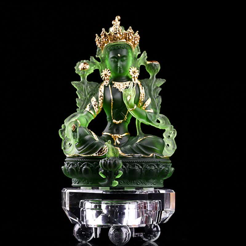 Bodhisattva Grüne Tara, handgefertigt, Liuli-Kristall, Kunststück, Schutz, Heimbüro, Statue, Dekoration - 8 x 6 x 12,8 cm - Gold Green Tara&Base - image 13