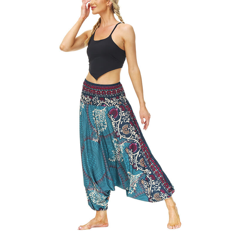 Buddha Stones Boho Lockere Haremshose mit geometrischem Blumenrankenmuster für Damen, Yogahose