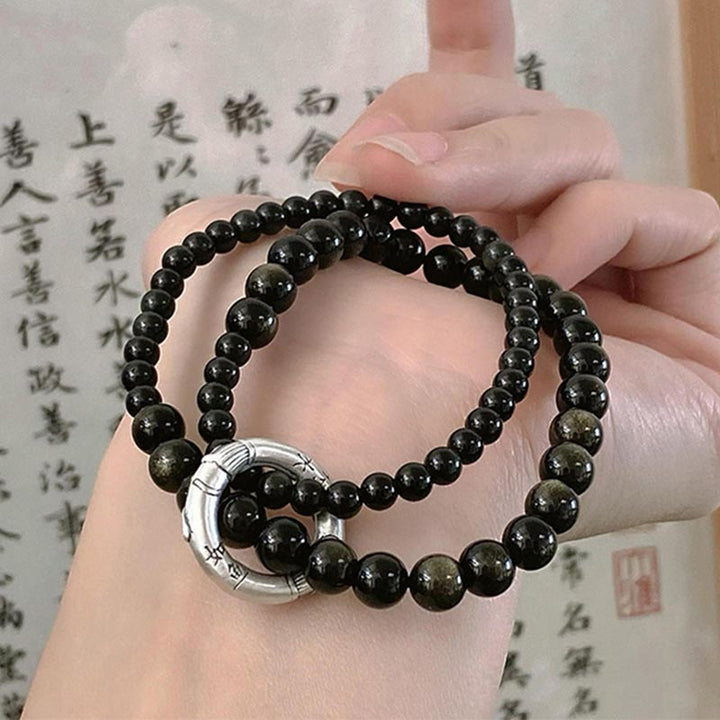 Buddha Stones Armband aus 999er-Sterlingsilber mit schwarzem Obsidian Fulfillment Strength, doppellagig