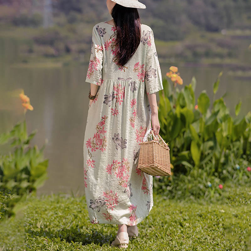 Midikleid mit Buddha-Steinen und Blumen-Print, Tunikakleid aus Baumwolle und Leinen mit Taschen