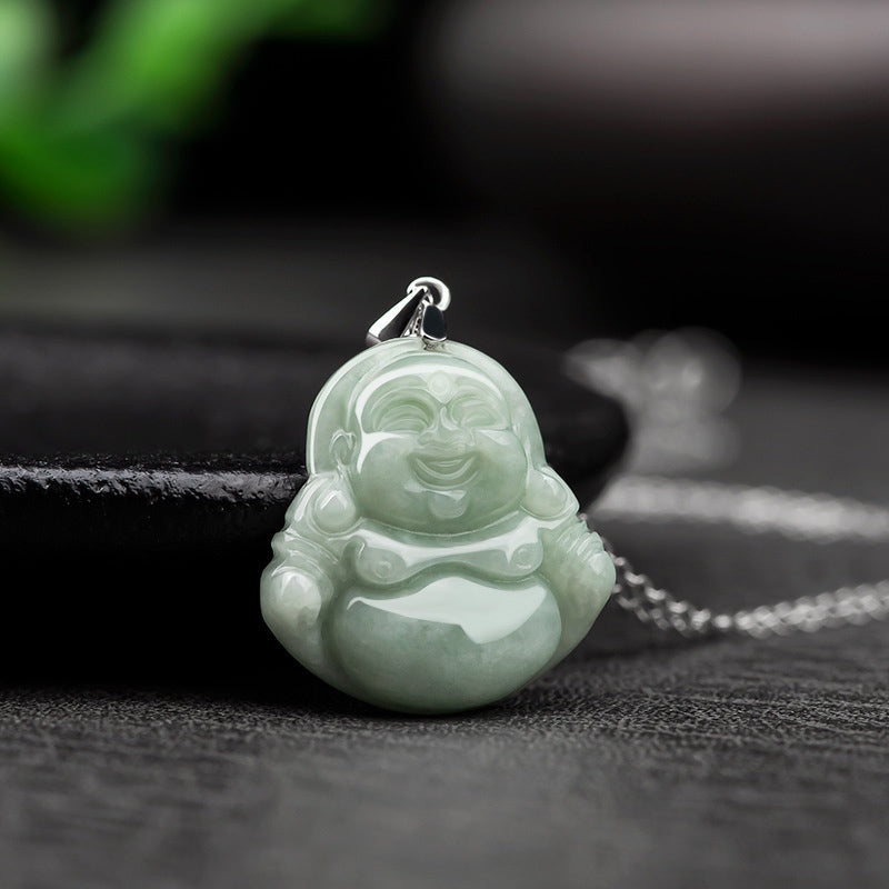 Buddha Stones 925 Sterling Silber Lachender Buddha Jade Segen Halskette Kettenanhänger