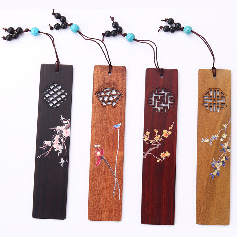 Buddha Stones 4 Stück Vier Jahreszeiten Pflaumenorchidee Bambus Chrysantheme Pekingoper Maske Holz Lesezeichen mit Geschenkbox - image 13