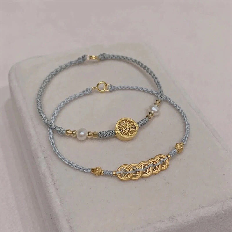 Buddha Stones Kupfermünze, Glücksbaum, Perle, Glück, blaues Seil, geflochtenes Armband - image 0