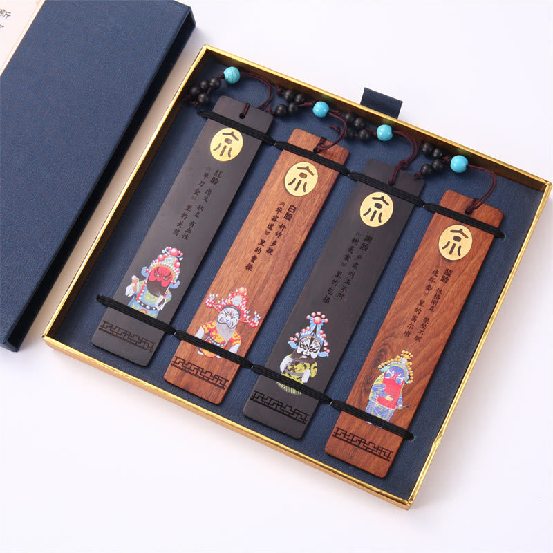 Buddha Stones 4 Stück Vier Jahreszeiten Pflaumenorchidee Bambus Chrysantheme Pekingoper Maske Holz Lesezeichen mit Geschenkbox - 4-teiliges Set mit Figuren aus der Peking-Oper - image 22