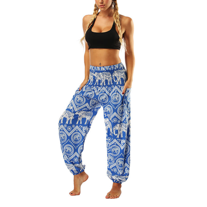 Buddha Stones Boho Lockere Haremshose mit geometrischem Elefantenmuster für Damen, Yogahose