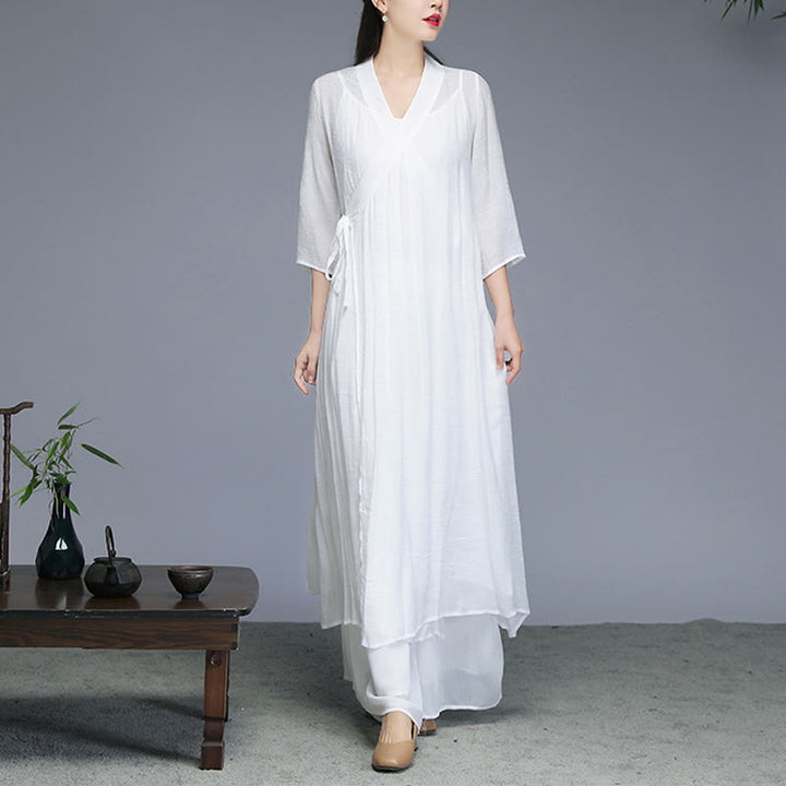 Midikleid im Hanfu-Stil mit Buddha-Steinen, Hose mit weitem Bein, Meditation, Zen-Praxis, Yoga, Tanzkleidung