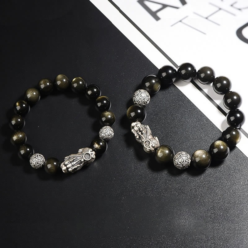 Buddha Stones 925 Sterling Silber Natürlicher Goldglanz Obsidian PiXiu Reichtumsschutzarmband - image 6