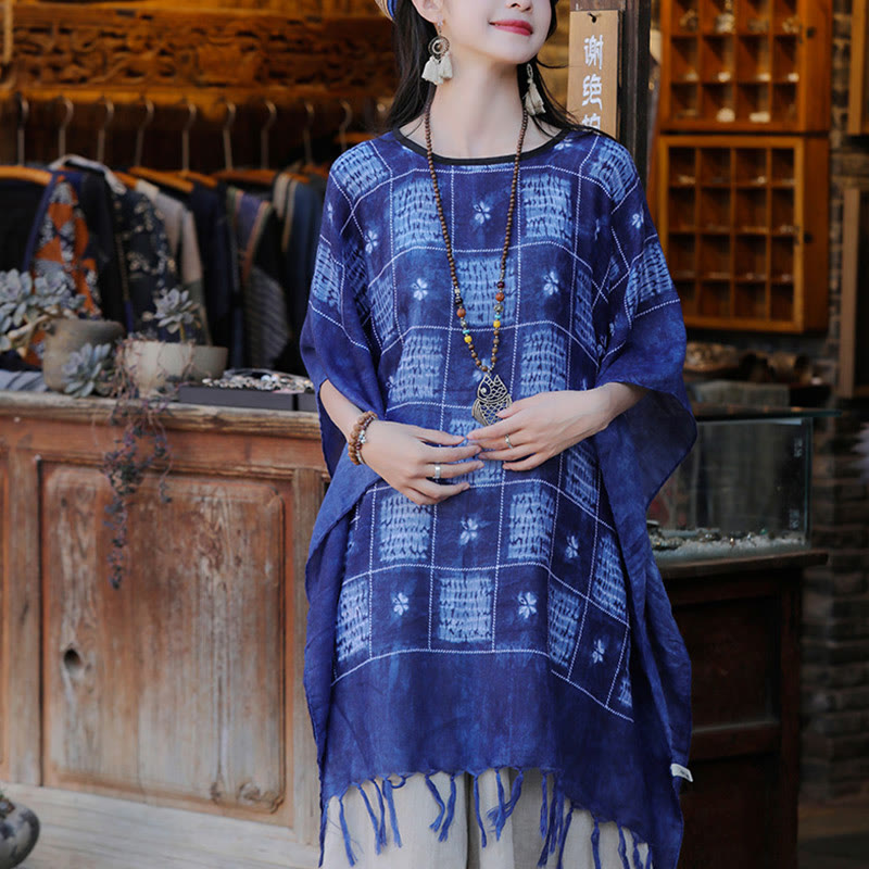 Buddha Stones Blau Farbblock Plaid Schal Quasten Weicher Pullover 90*95cm