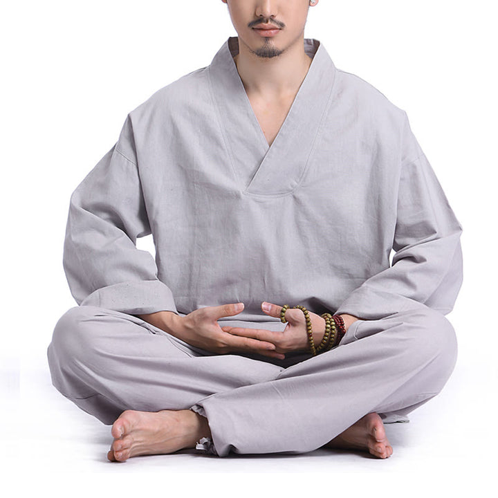 Buddha Stones, Meditation, Gebet, V-Ausschnitt, Design, Baumwollleinen, spirituelle Zen-Praxis, Yoga-Kleidung, Herren-Set - Grau - US/ UK/AU44，EU54 (3XL) - image 10